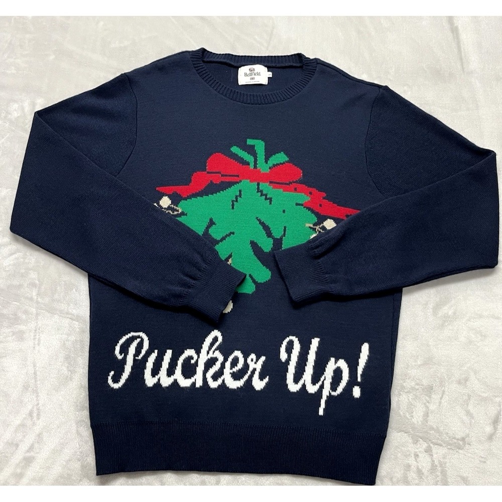 Bellfield Christmas Sweater Men Large Navy Mistletoe Pucker Up Designer Britain